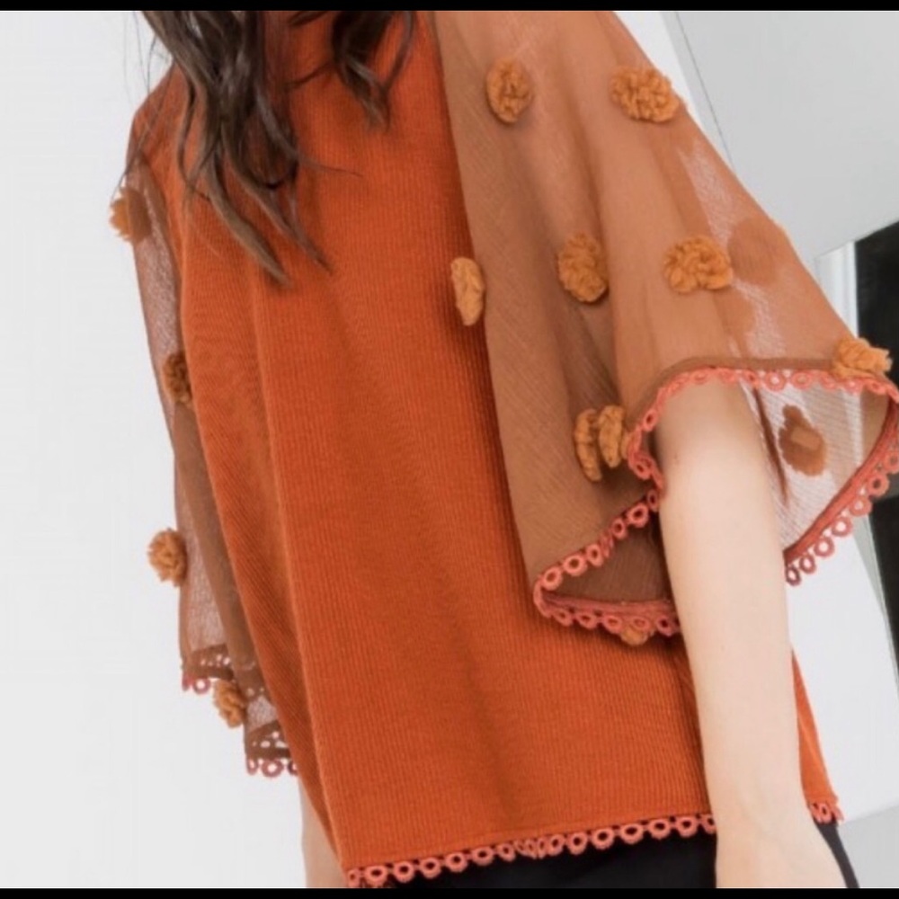 THML Bell Sleeve lace trim orange knit boho blouse